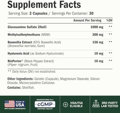 Joint Support Supplement with Glucosamine Sulfate, Hyaluronic Acid, Boswellia & MSM – Supports Joint Health, Mobility & Bone Strength – for Daily Use – FSA Eligible 60 Capsules