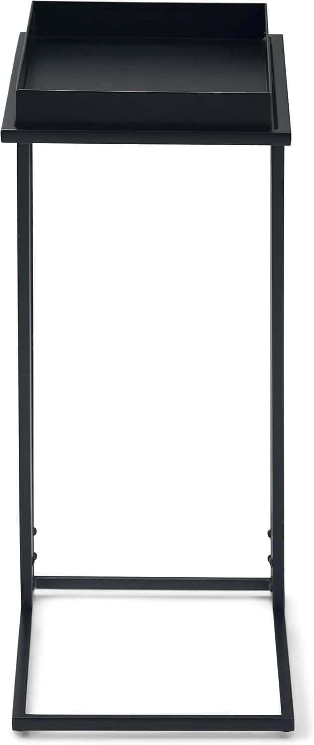 SIMPLIHOME Skyler 18" Wide Solid Wood C-Side End Table in Dark Cognac Brown | Industrial slide-under accent table with open frame, assembled; perfect for living rooms as a side table or sofa table.