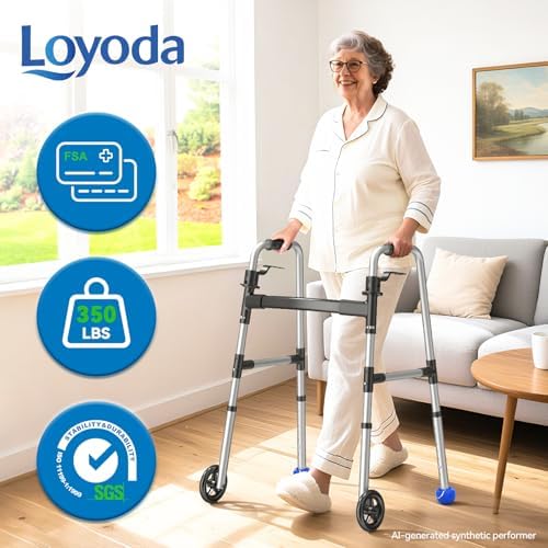 Loyoda Folding Walker with Basket and Glide Skis, 5" Wheels, Lightweight | Standard Walker for Seniors and Adults, Offers 8 Height Adjustments (31"-38"), Supports up to 350 lbs