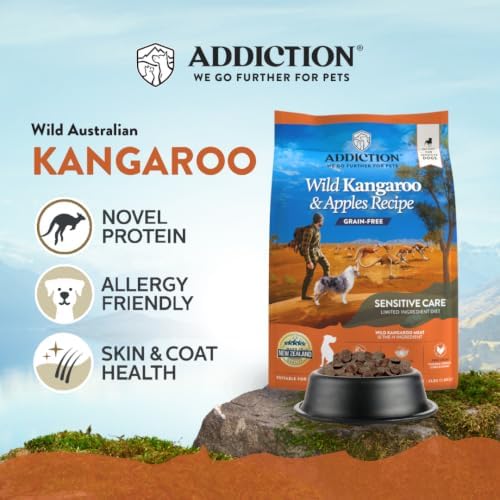 Addiction Wild Kangaroo & Apples Dry Dog Food - Limited Ingredient Diet for Dogs with Allergies & Sensitive Skin - 100% Kangaroo Meat, No Meal - Grain-Free - Made in New Zealand 4lb