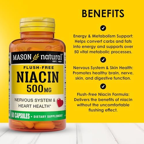 MASON NATURAL Niacin 500 mg Flush-Free, Supports Heart Health, Nervous System & Energy Production, 60 Capsules