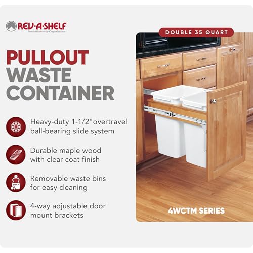 Rev-A-Shelf 35 Qt Top Mount Double Pullout Under Cabinet Kitchen Trash Cans for Base Cabinets, 150 Pound Rated Full-Extension Slides, Min Opening Width of 14.5", White, 4WCTM-18DM2-175