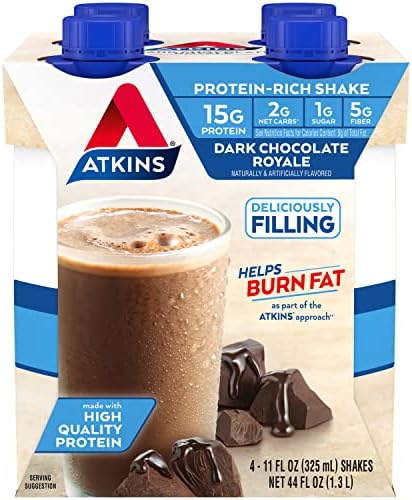 Atkins Dark Chocolate Royale Protein-Rich Shake. Rich and Creamy with Protein. Keto-Friendly and Gluten Free. (4 Shakes), 11 Fl Oz