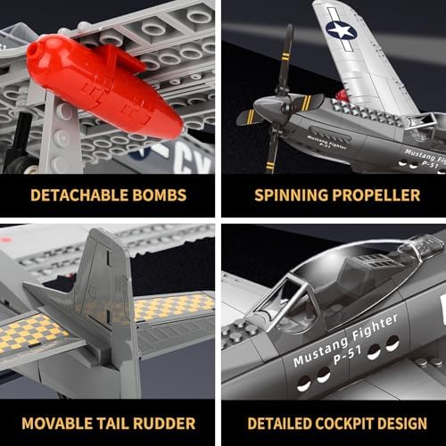 P51 Mustang Fighter Jet Building Set, Compatible with Lego Military Plane | WWII Aircraft Model, Classic Fighter Plane Display Set for Adults