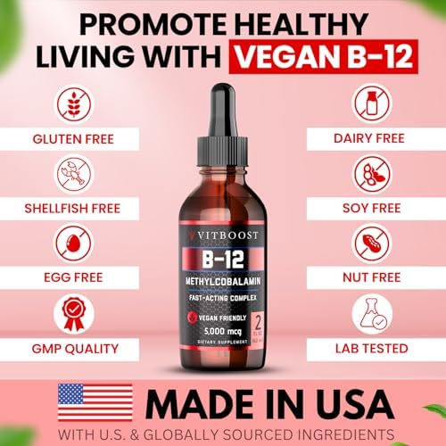 VITBOOST Vitamin B12 Liquid Drops - 60 x 5000 mcg Vegan B12 Sublingual | Extra Strength Raspberry Flavored Methylcobalamin B-12 Supplement Designed