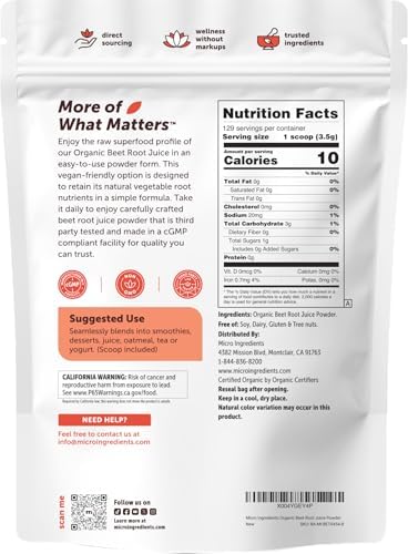 Micro Ingredients Organic Beet Root Juice Powder, 1 Pound | Water Soluble, Raw Beet Supplement | Powder Drink Mix for Smoothies & Recipes | Non-GMO