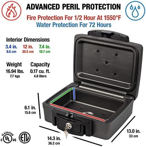 SentrySafe Fireproof and Waterproof Safe, Black Portable Lock Box with Key Lock and Carrying Handle for Money, Passport