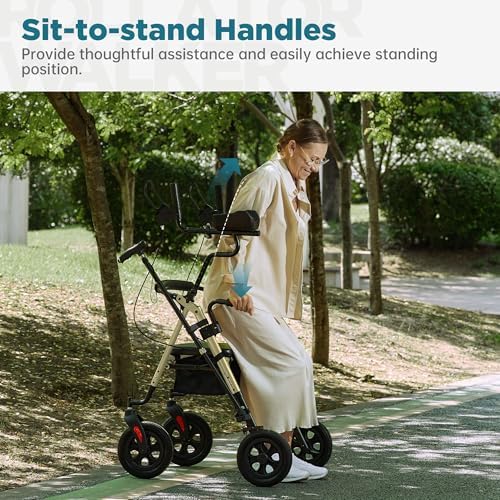 ELENKER 10 in PU Wheels Upright Rollator Walker for Seniors, Champagne | Stand Up Design, Padded Seat, Padded Armrests