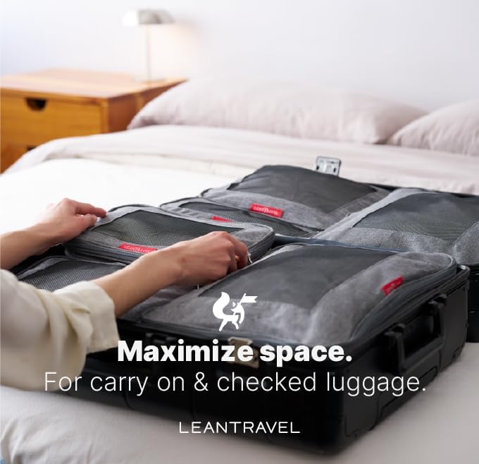LeanTravel Premium Compression Packing Cubes for Travel - Suitcase Organizer Bags with Double Zipper & Breathable Mesh Panel - Space Saving Carry On Luggage Essentials (6-Pack, Grey)