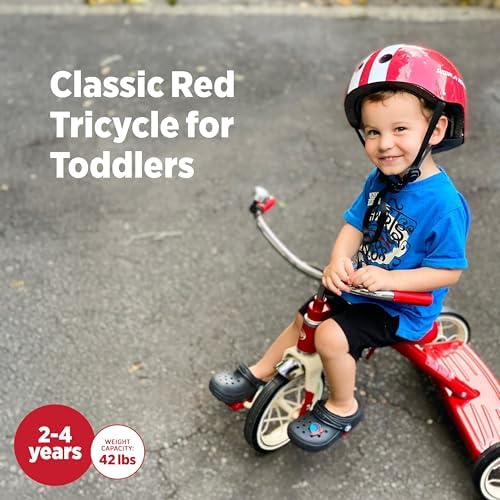 Radio Flyer Classic Pink Tricycle, for Ages 2-4, 10" Front Wheel, Bell | Steel Frame, Adjustable Seat, Rubber Tires, Chrome Details, Rear Step, Controlled Turning Radius, Tricycle for Toddlers