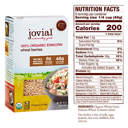Jovial Einkorn Wheat Berries | 100% Organic Einkorn Wheat Berries | High Protein | Non-GMO | USDA Certified Organic | Product of Italy | 16 oz (12