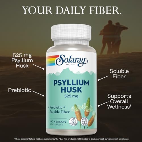 SOLARAY Psyllium Husk Capsules – 525 mg Prebiotic and Soluble Fiber Supplement for Overall Daily Wellness Support – Vegan