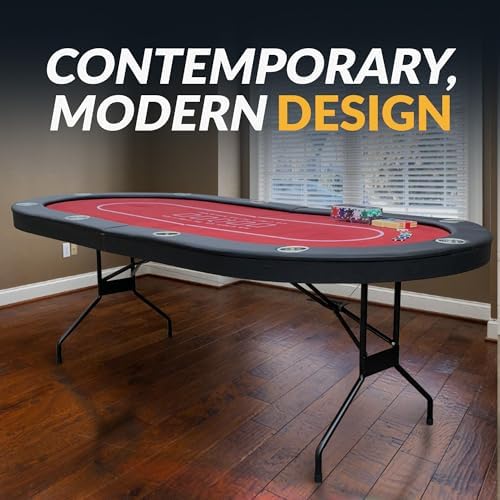 Hathaway Fourth Street Folding Texas Holdem Table – 10-Player Quick Folding Poker Table with Burgundy Felt Padded Surface – Includes Playing Cards
