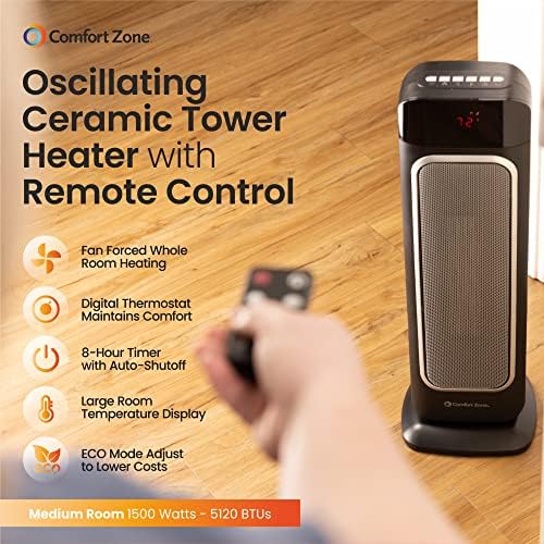 Comfort Zone Electric 24" Oscillating Digital Tower Space Heater with Full Function Remote, Adjustable Thermostat, and Overheat Protection