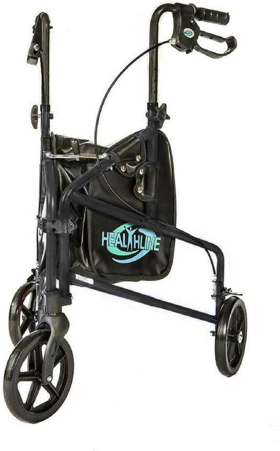 Aluminum Rollator Walker 3 Wheels - Foldable, Lightweight, Senior Walker with Basket Tray, Pouch, Brakes, Narrow for Small Spaces (BLACK)