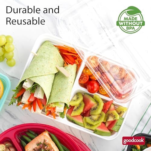 GoodCook Food Storage Containers for Meal Prep Rectangle Three Compartments & Made without BPA, 20-Piece, White
