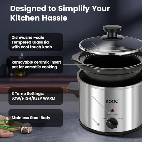 KOOC Small Slow Cooker, 2-Quart, Free Liners Included for Easy Clean-up, Upgraded Ceramic pot, Adjustable Temp, Nutrient Loss Reduction