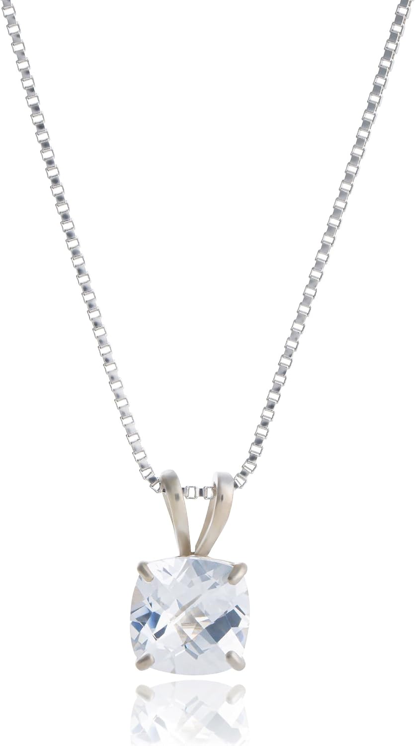 MAX + STONE 925 Sterling Silver Cushion Cut Birthstone Necklace for Women | 6mm Hypoallergenic Solitaire Necklace | Gemstone Pendant Necklaces with 18 inch Box Chain