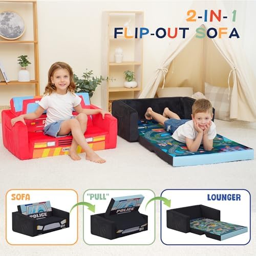 MallBest Kids Sofas Children's Sofa Bed Baby's Upholstered Couch Sleepover Chair Flipout Open Recliner(Red/Fire Truck)