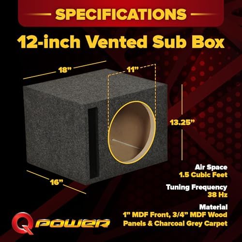 QPower HD112VL Single 12 Inch SPL XL Heavy Duty Side Ported Subwoofer Box Enclosure with Durable Carpet Covering for Car Audio Systems