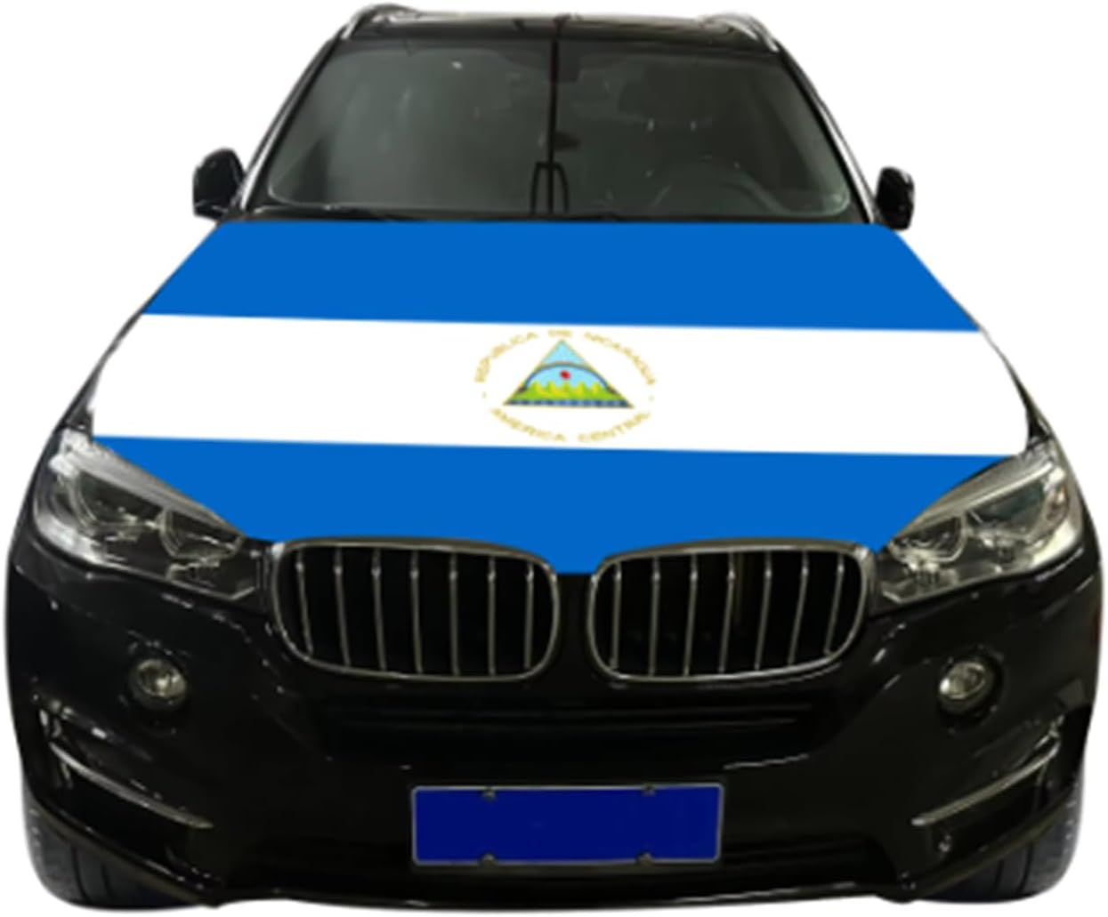 Nicaragua Car Hood Cover, Flag 4x5ft Car Bonnet Banner, Universal Fit, Elastic Polyester, Stretchable, Patriotic Automotive Hood Covers, Patriot Gifts
