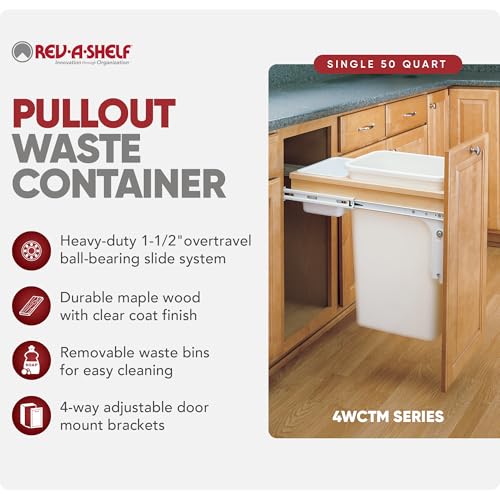 Rev-A-Shelf 35 Qt Top Mount Double Pullout Under Cabinet Kitchen Trash Cans for Base Cabinets, 150 Pound Rated Full-Extension Slides, Min Opening Width of 14.5", White, 4WCTM-18DM2-175