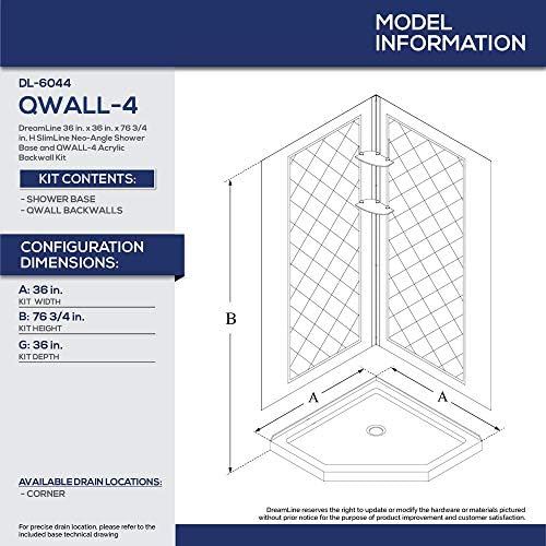 DreamLine 36 in. x 36 in. x 76 3/4 in. H Neo-Angle Shower Base and QWALL-4 Acrylic Corner Backwall Kit in White, DL-6044C-01