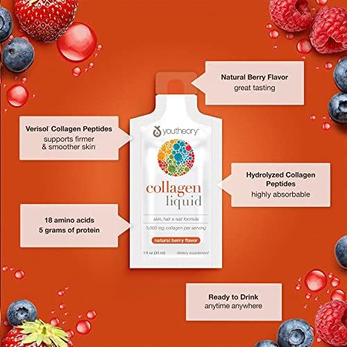 Youtheory Collagen Liquid, 5,000 mg, Berry Flavor, 1 oz, Pack of 12