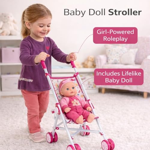 Liberty Imports 5-in-1 Baby Doll Stroller Playset with Doll Included, Foldable Stroller, Playard Playpen, Activity Play Mat, Baby Carrier & Travel Bag