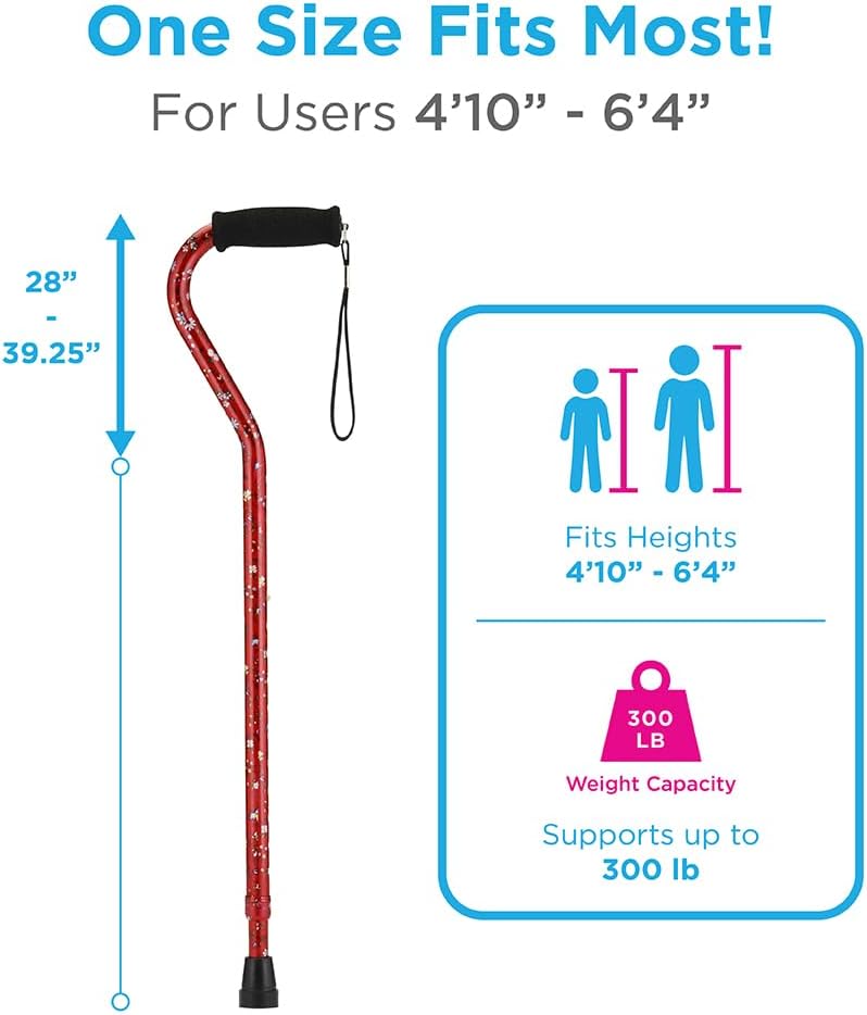 NOVA Designer Walking Cane with Offset Handle, Lightweight Adjustable Walking Stick with Carrying Strap, “Maui Flowers” Design