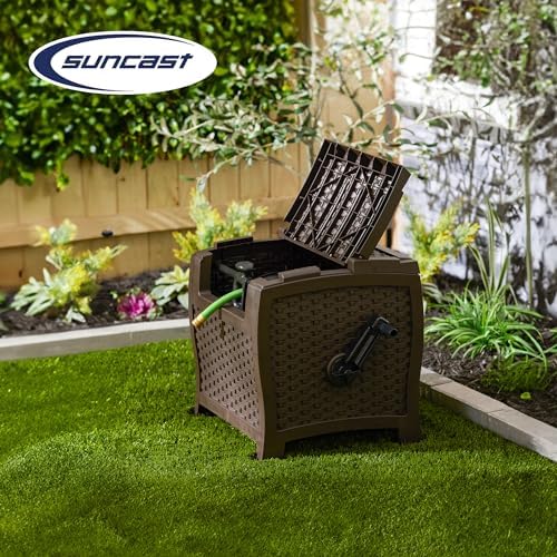 Suncast 175 ft. Wicker Style Resin Hose Hideaway with Hose Guide, Java, Made in the USA