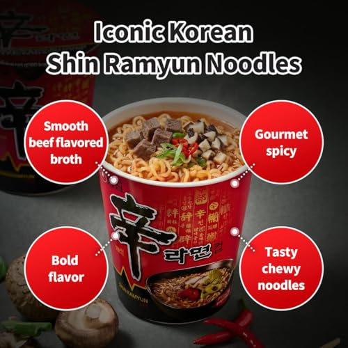Nongshim Shin Ramyun Cup of Noodles, Spicy Signature Korean Instant Ramyun, Rich Beef Flavored Broth, Quick and Easy, Microwaveable Cup