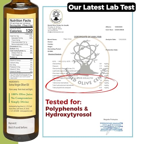 Papa Vince Hydroxytyrosol Lab-Verified Olive Oil - Drinking EVOO, Fresh Taste, High in Polyphenols, First Cold Press, Family Harvest, Sicily, Italy