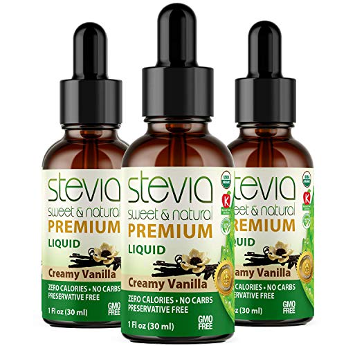 Creamy Vanilla Premium Stevia Drops. Organic Liquid Stevia, Sugar Substitute, Naturally Sweet, Non-Bitter, 0 Calorie, 0 Carb, NON-GMO