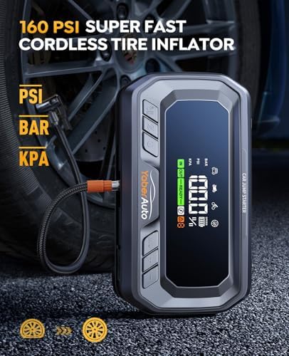 YaberAuto 12-in-1 Jump Starter with Air Compressor 8000A 160PSI 65W Charging, Portable Car Battery Jump Starter (All Gas/14L Diesel) Jump Box Car Battery Jumper Starter Portable Jumper Cables, 160W DC