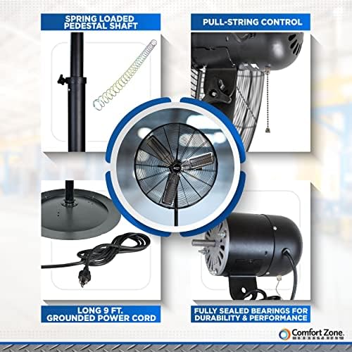 Comfort Zone Industrial Pedestal Fan, 30 inch, 3 Speed, High Velocity, Adjustable Height 56” to 76”, Metal, Meets OSHA Standards