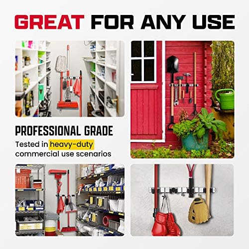 Wall Mount Hanger for Brooms & Mops - Adhesive Stainless Steel Mops & Broom Holder, 4 Clamps, 3 Hooks