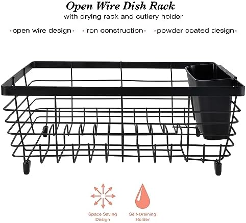 Kitchen Details Flat Wire Countertop or Over The Sink Dish Drying Rack with Cutlery Basket | Holds up 10 Dishes | Mugs | Kitchen Accessories | Black