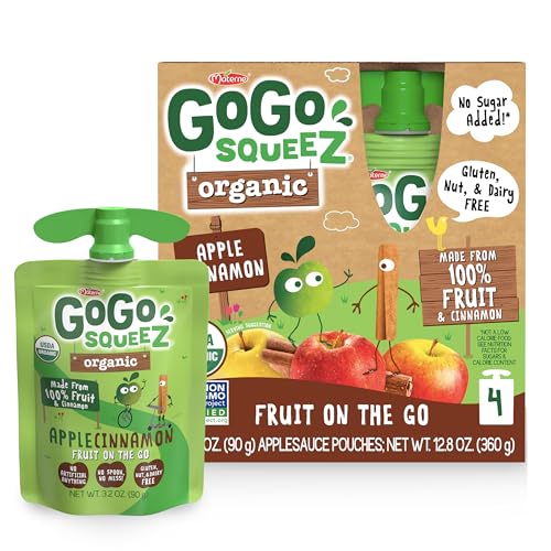 GoGo squeeZ No Sugar Added Organic Applesauce, Apple Apple, 4 Count | Kids on the go fruit snack made with applesauce & fruit puree; 3.2 oz pouches, gluten and nut free, recloseable cap, BPA-free