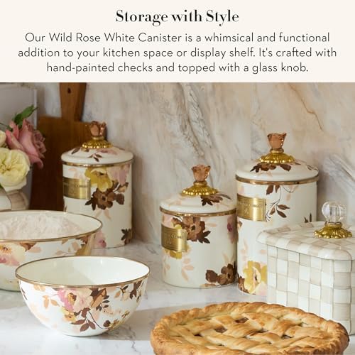 MACKENZIE-CHILDS Enamel Canister, Large, White Butterfly Garden | Hand-applied design, made from enameled steel, versatile kitchen storage container for flour and sugar, 64-ounce capacity