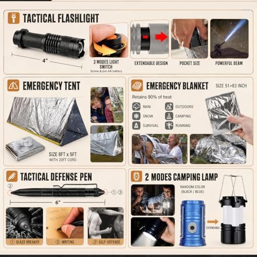 Survival Kit, 250Pcs Survival Gear First Aid Kit with Molle System Compatible Bag and Emergency Tent, Emergency Kit for Earthquake, Outdoor Adventure