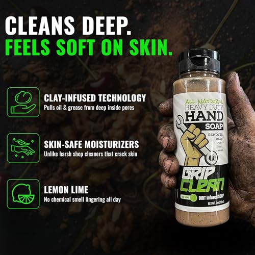 Grip Clean Heavy Duty Hand Cleaner For Mechanics, Natural Pumice, 64 Oz | Clay Infused, Grease, Oil, Grime Remover, Moisturizing Coconut Olive Oils, Lime Scent, For Shop, Garage, Industrial Use