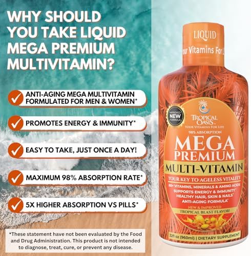 Mega Premium Liquid Multivitamin | Natural Immune Support Vitamin w/ 1333% Vitamin C, 200% D3, Zinc + 20 Vitamins, 70 Minerals, & 21 Amino Acids | Sugar Free | Orange Flavor | 98% Absorption | 32 Serv