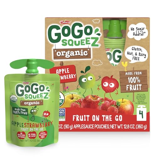 GoGo squeeZ No Sugar Added Organic Applesauce, Apple Apple, 4 Count | Kids on the go fruit snack made with applesauce & fruit puree; 3.2 oz pouches, gluten and nut free, recloseable cap, BPA-free