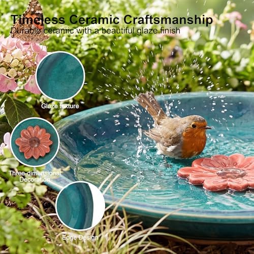 Topadorn 2" Depth Ceramic Birdbath & Birdfeeder for Small Birds Outdoors