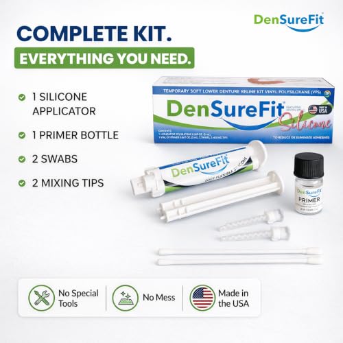 DenSureFit Lower Denture Reline Kit, Soft Silicone Liner | Soft silicone liner for loose lower dentures, helps improve fit