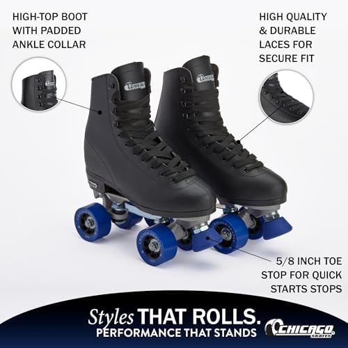 Chicago Skates Classic Quad Roller Skates for Women & Men – Durable & Top Performance, Adjustable High-Top Boots for Safe Indoor/Outdoor Roller Derby–60mm PU Wheels & Semi-Precision Bearings