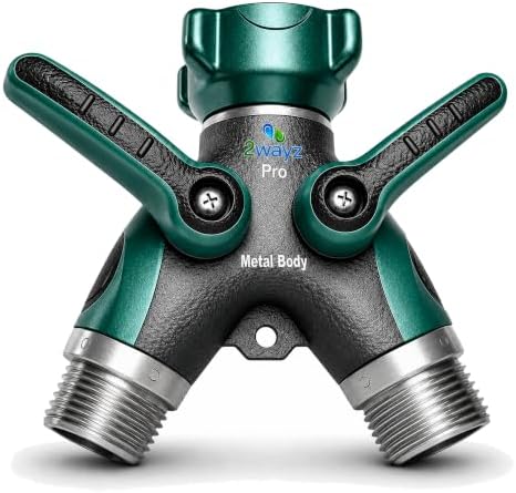 Hose Splitter 2 Way Heavy Duty Outdoor Faucet and Garden Connector - Water Spigot Splitter - Durable All-Metal Y Adapter with Shut-Off Valve - 4 x 4 x 1.5 Inches