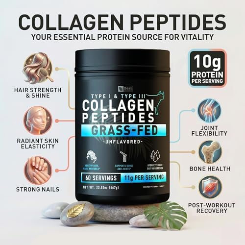 Zeal Naturals Hydrolyzed Collagen Peptides Powder, 10g Protein | Grass-Fed Collagen for Women & Men | Essential Amino Acids | Hair, Skin, Nails