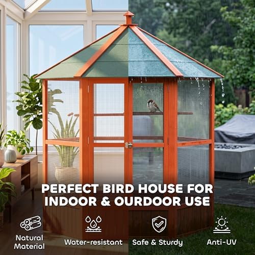 PawHut 44" Hexagon Covered Canopy Bird Cage with Stand Orange | Portable Aviary Flight Cage for Cockatiels, Conures, Lovebirds, Budgies & Small Birds